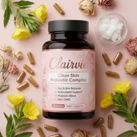 Clairvie bottle flat lay with botanicals